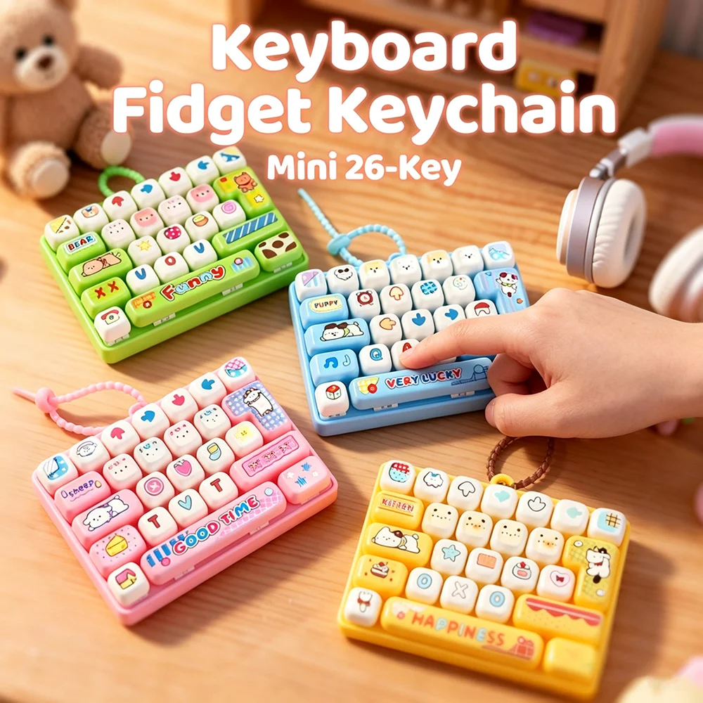 Electronics Gadgets Bag - かわいいミニキーボード型フィジェットトイキーホルダー、26個の押しボタン付き、感覚的なストレス解消、バッグチャーム、クリッカーキーリング、パーティーの記念品やギフトに最適