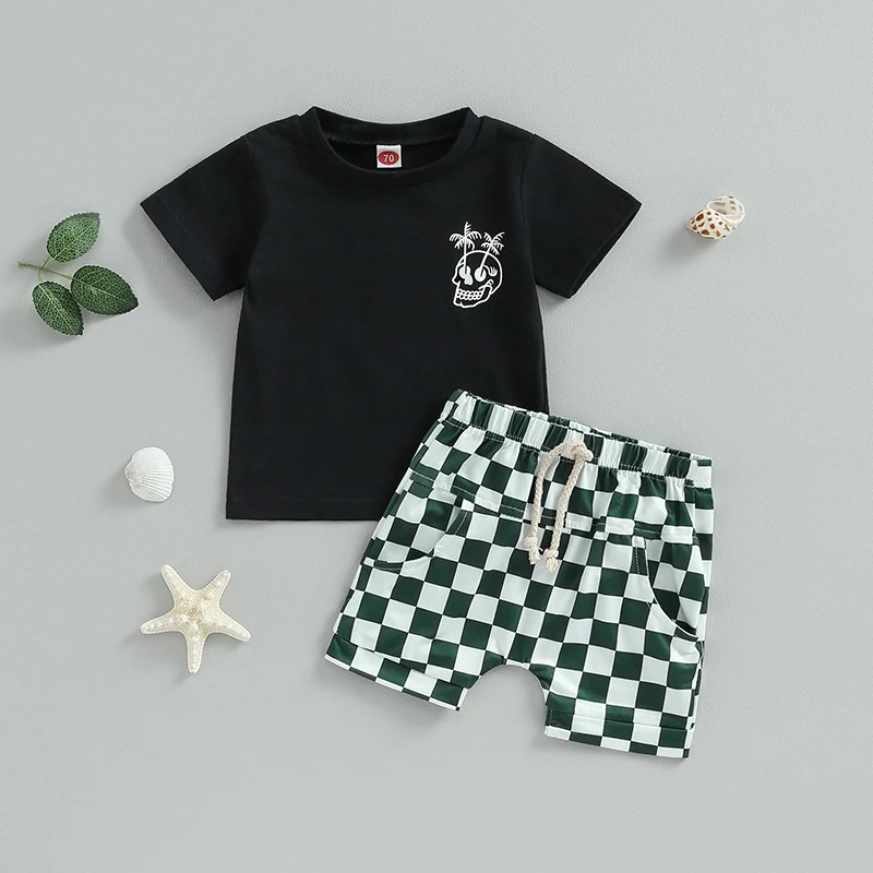 0-3Y Lioraitiin Toddler Baby Boys Clothes Set Short Sleeve Skull Print T-shirt with Plaid Shorts Summer Outfit