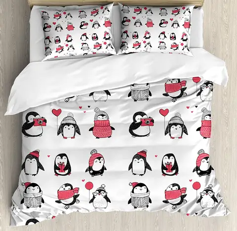 Conjunto de cama de inverno para quarto, casa, pinguins fofos, estilo desenhado à mão, feliz natal, capa de edredom e fronha