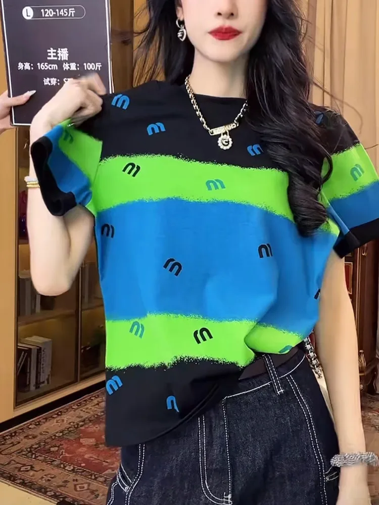 

Trendy contrasting letter printed short sleeved T-shirt women summer 2025 fashion and versatile slimming round neck top