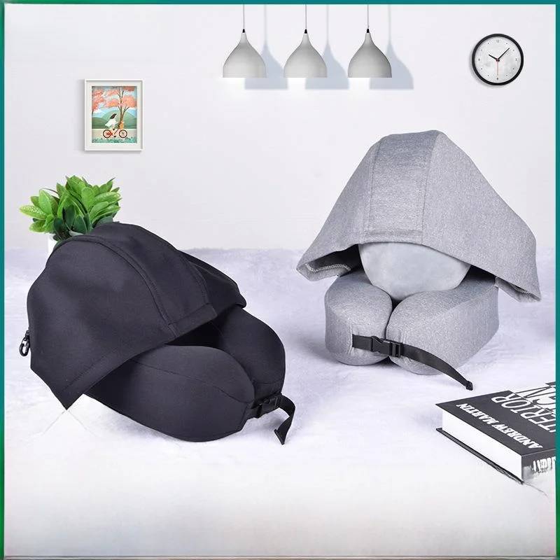 Memory Foam U-Shaped Pillow with Hood Neck Support Office Nap Pillow Light Blocking Storage Pillow for Adults Soft Hard Dual Use