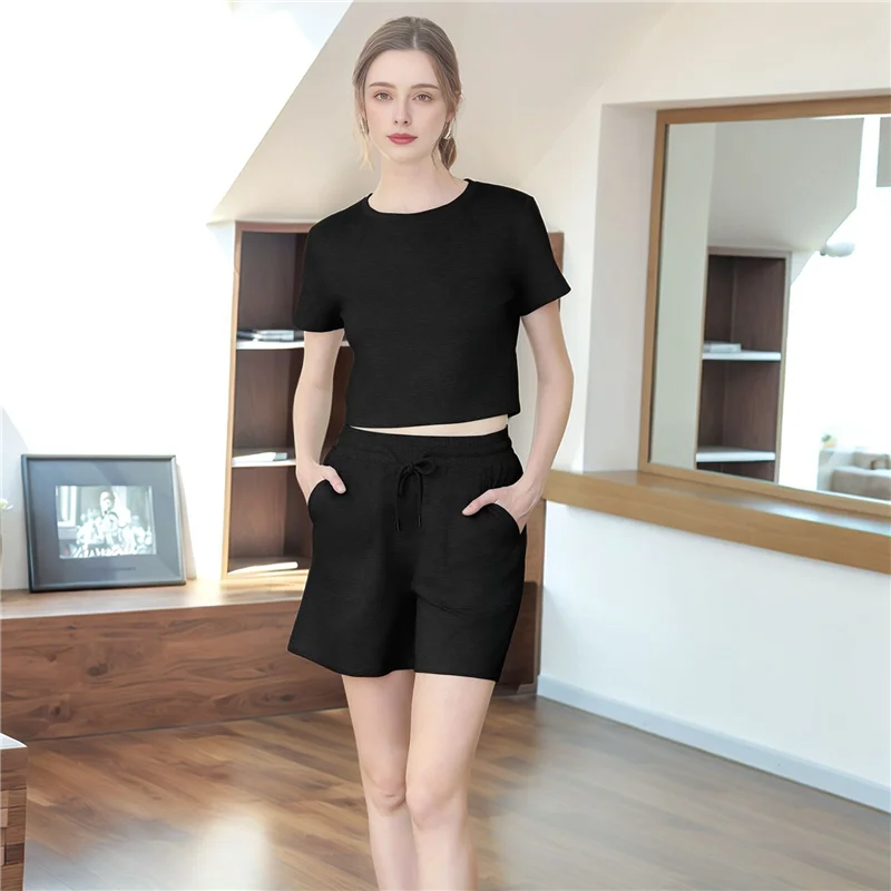 AOAO комплекты из 2 предметов для женщин, летние одинаковые шорты с круглым вырезом, комплект для отдыха с карманами, повседневная одежда для путешествий, модная одежда