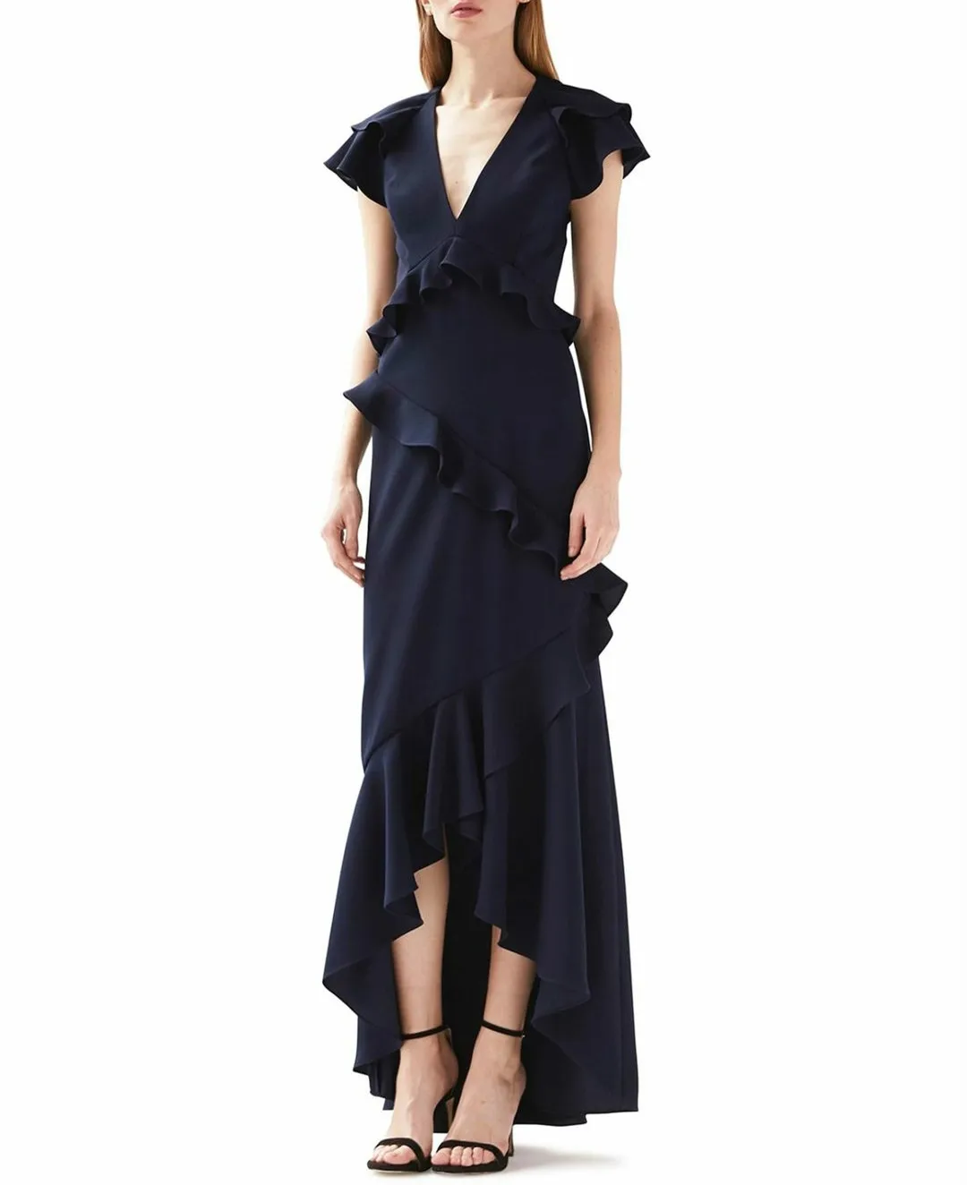 

Elegant Hi-Lo Navy Blue V-Neck Evening Dresses Mermaid Crepe فساتين سهرة Ruffled Robe de soirée Party Prom Gown