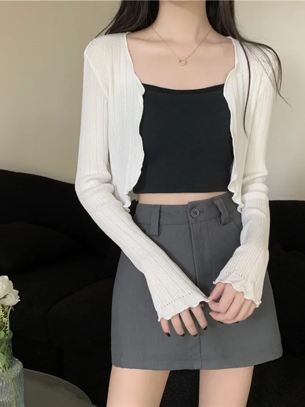 

Korean Style Pure Desire Wood Grain Knitted Cardigan Women's Spring Autumn Short Design Sensation Top Coat