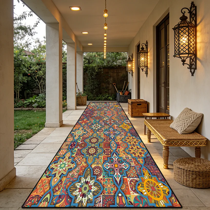 Bohemian Psychedelic Retro Long Corridor Carpet Easy Clean Lint-free Outdoor Aisle Rug Non-slip Foldable Long Runner Floor Mat