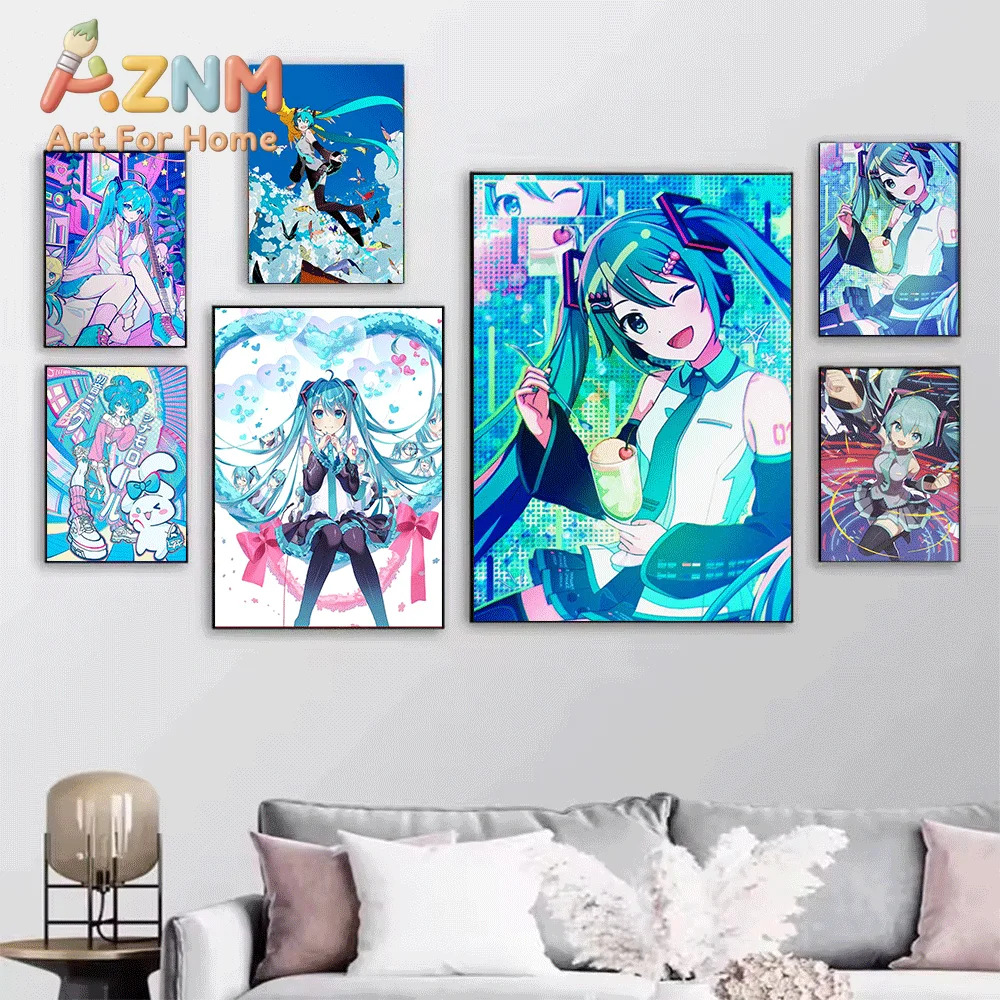 AZNM Hatsune Miku Colorful Pop Art Canvas Painting, Frameless Canvas Wall Art, Virtual Singer Anime Wall Painting for Bedroom