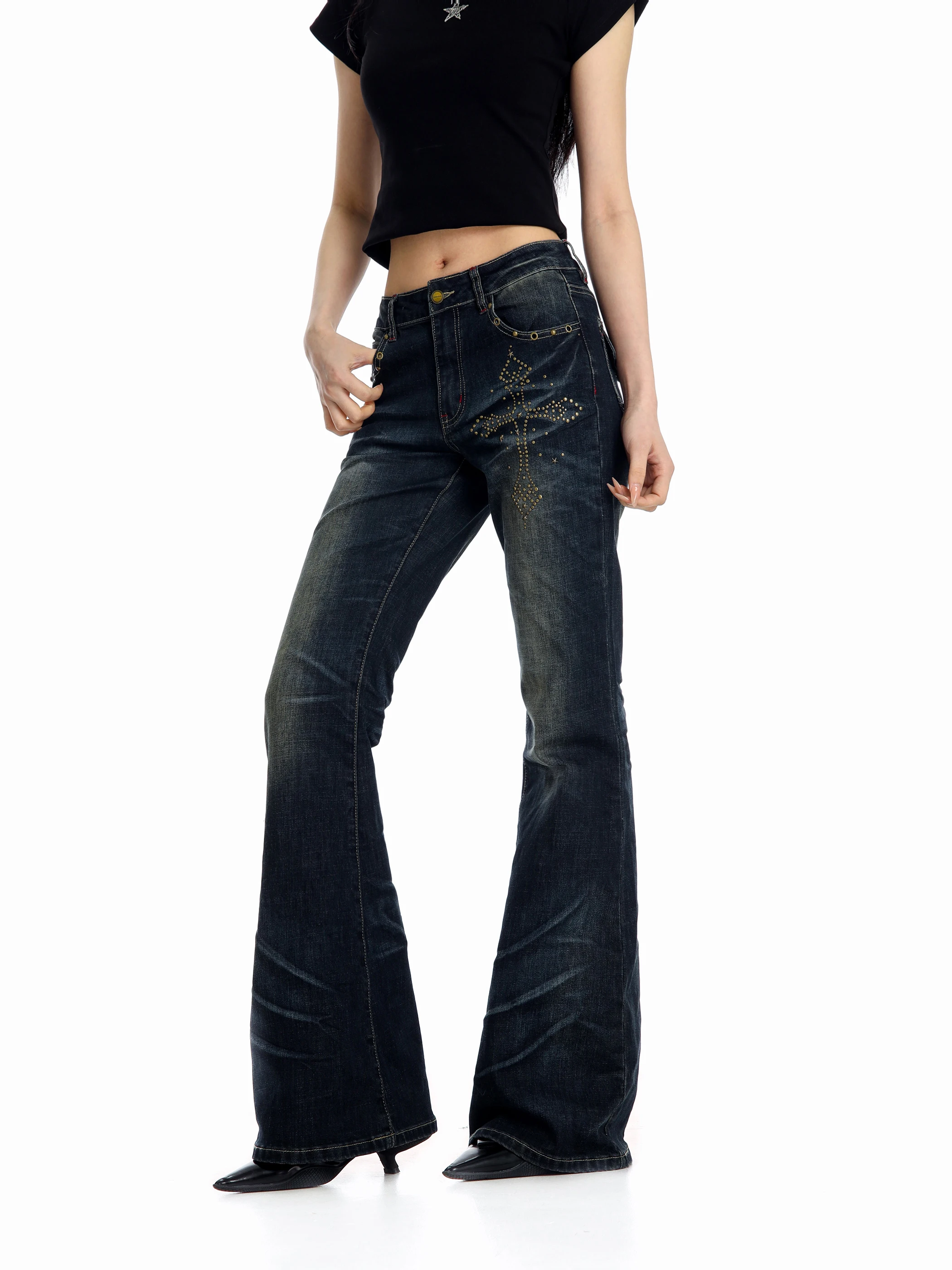 

Ретро джинсы с заклепками и микро-клешем, женские, облегающие, универсальные, асимметричные, геометрические, повседневные, весенние, молодежные