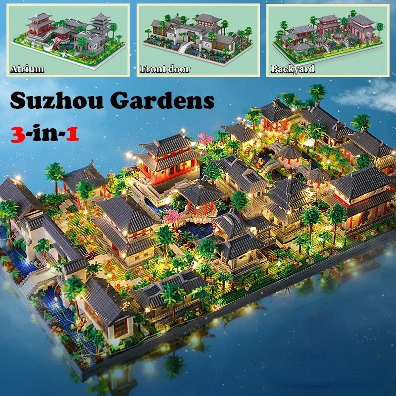 China's Classical Suzhou Garden Landscape Building Blocks with LED Ancient Model Mini Diamond Bricks Toy Gift for Adult Kid