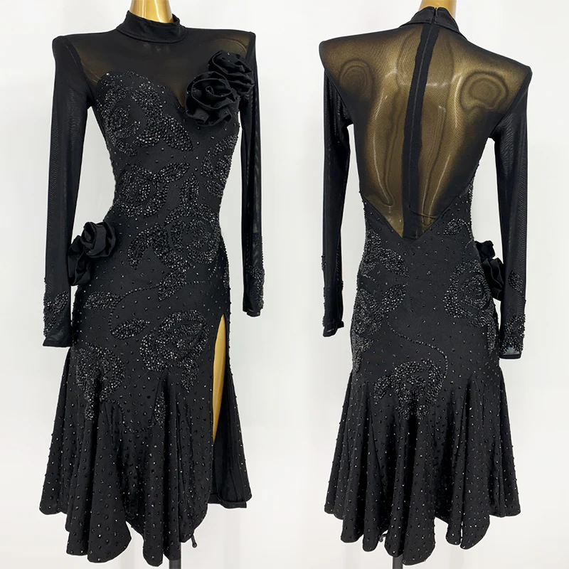 Black Latin Dance Competition Dress Long Sleeves Rhinestone Dress Rumba Tango Ballroom Dance Clothing Performance Dress BL14574