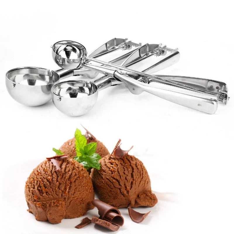 1PC Stainless Steel Ice Cream Scoop Cookie Dough Spoon Fruit Potato Digging Ball Spring Handle Ice Tray Mold Kitchen Accessories