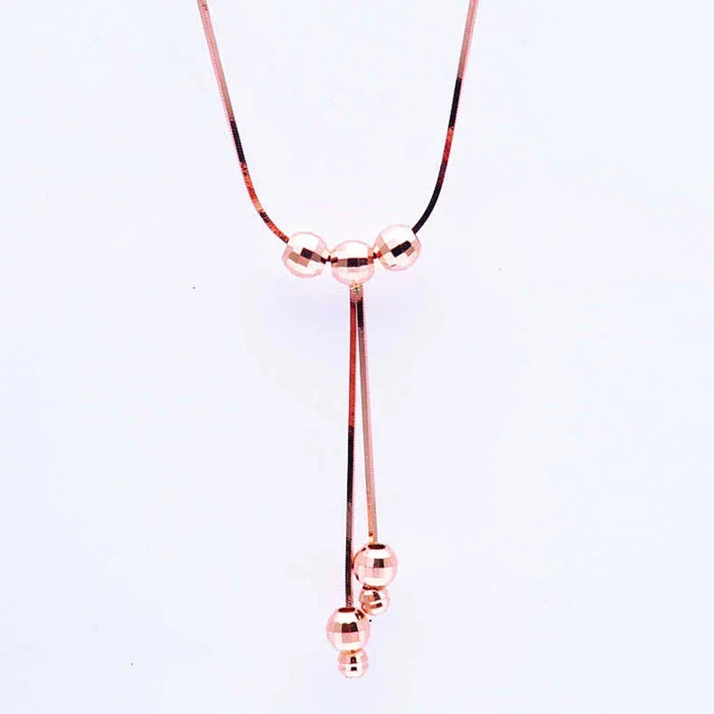 585 Purple Gold Necklaces 14K Rose Gold Glossy Round Beads Soft Chain Tassel Pendant Classic Design Charm Women's Jewelry