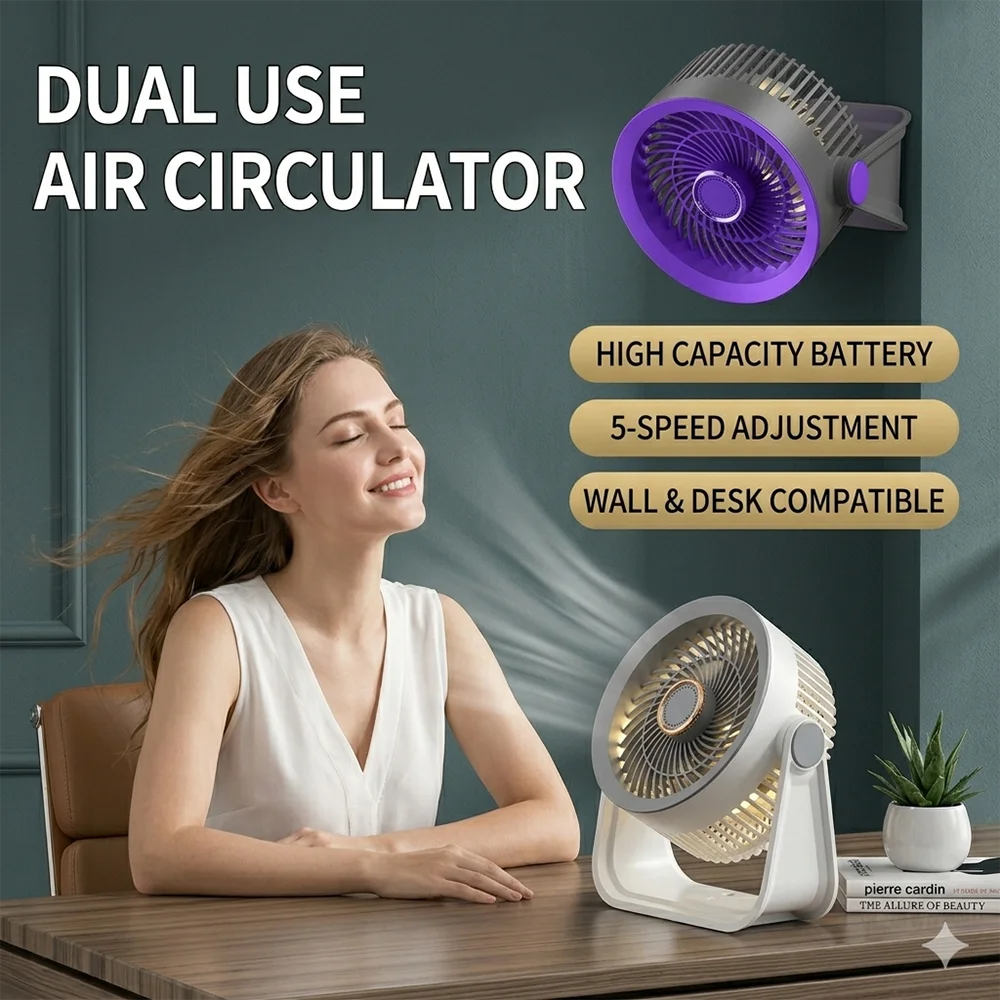 Portable Air Circulator Fan Rechargeable 5-Speed Cooling Fan Desk Wall Mount Quiet Cooling Desktop Fan for Home Office Summer