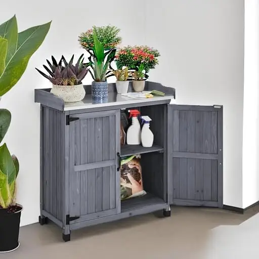 Outdoor Garden Potting Bench Table, Horticultural Wooden Planting Work Bench With Metal Plated Tabletop, Freestanding Large Capacity Storage Cabinet Display Organizer For Patio Yard Balcony, Gray - view 5