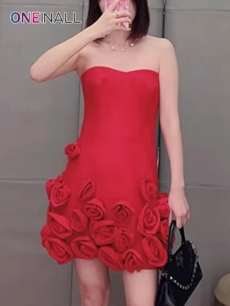 

ONEINALL Spliced Flowers Party Dresses For Women Strapless Sleeveless Off Shoulder High Waist Slim Solid Summer Mini Dress Femal