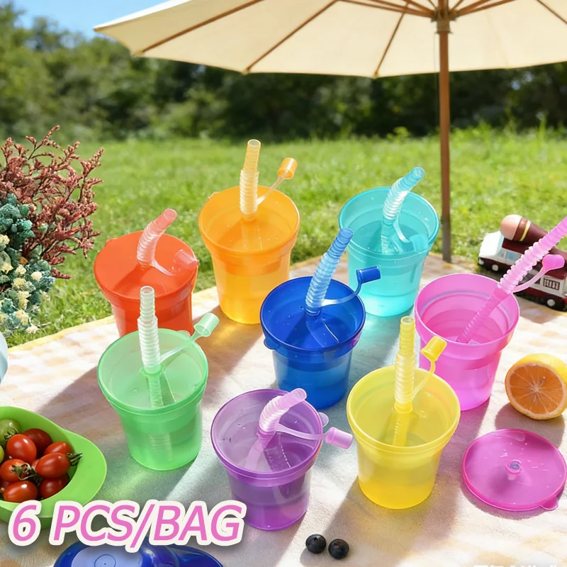 Bunte Partybecher für Kinder aus Kunststoff mit Deckeln und Strohhalmen, Neon-Trinkbecher für Geburtstage, Feiertage und Veranstaltungen