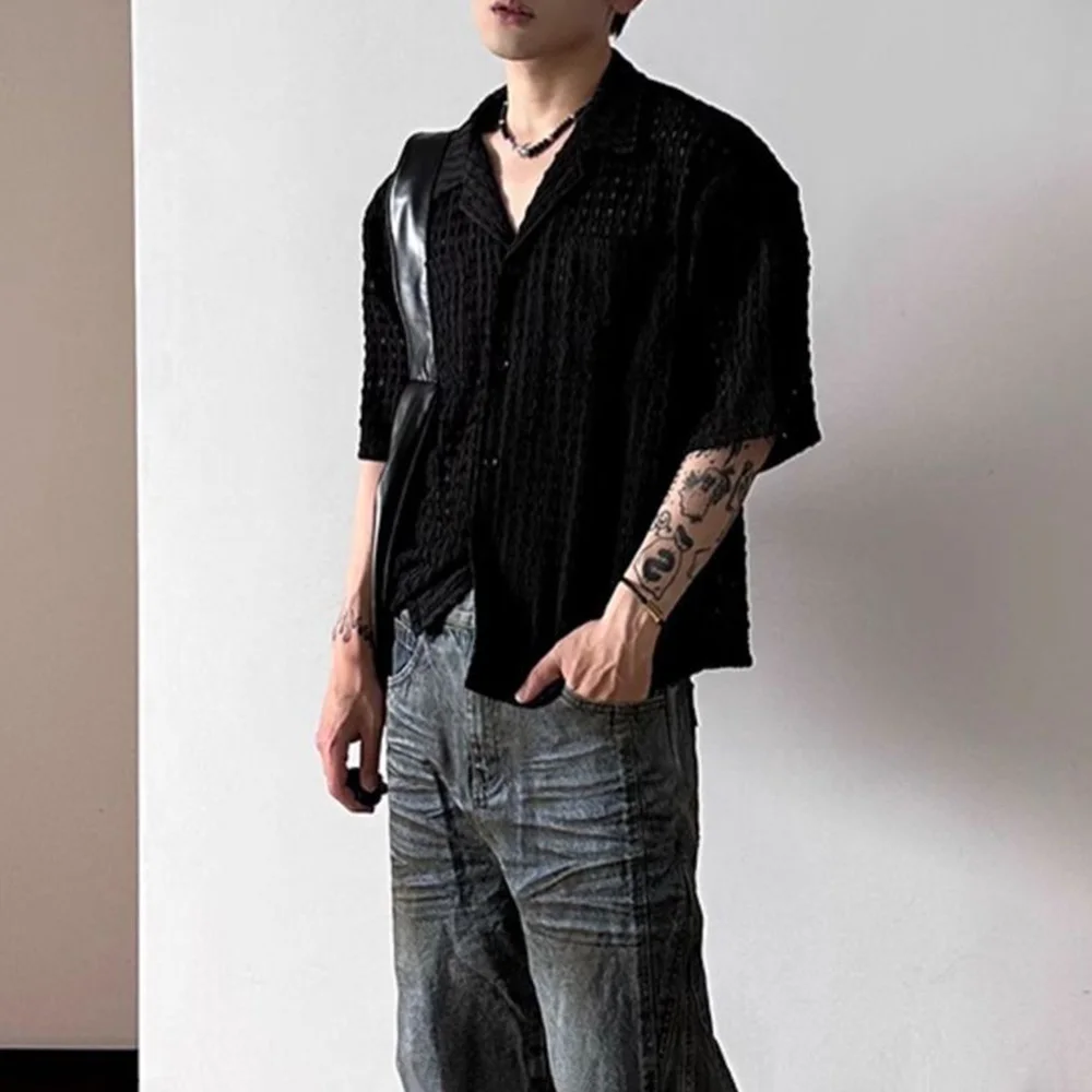 

2025 Summer New Men's Solid Color Hollow Short Sleeve T-shirt Fashion Casual Retro Trend Breathable Loose Simple Men's Top