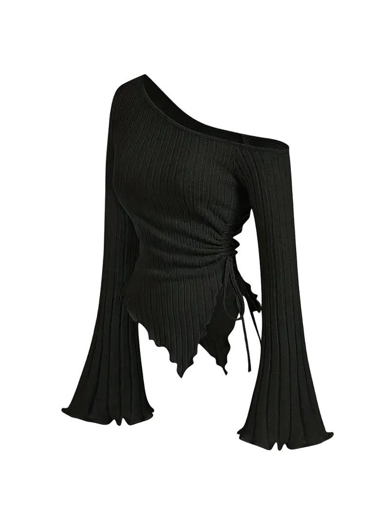 Women's asymmetrical single-shoulder drawstring design, featuring a solid-color elastic trumpet sleeve, for a casual look.