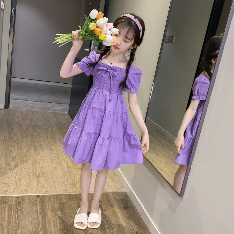 Summer New Girls Petal sleeve A-LINE wrinkle bow layered boat neck princess Dress Teens Clothes Toddler for 3-13Years Old Girls