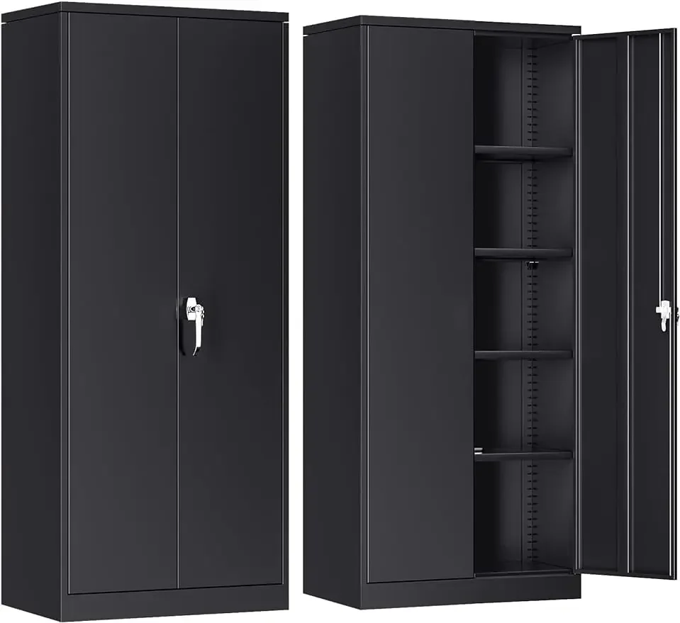 Metal Storage Cabinet with Lock, Lockable Garage Tool Cabinet with Doors and Shelves, Tall Steel Cabinet