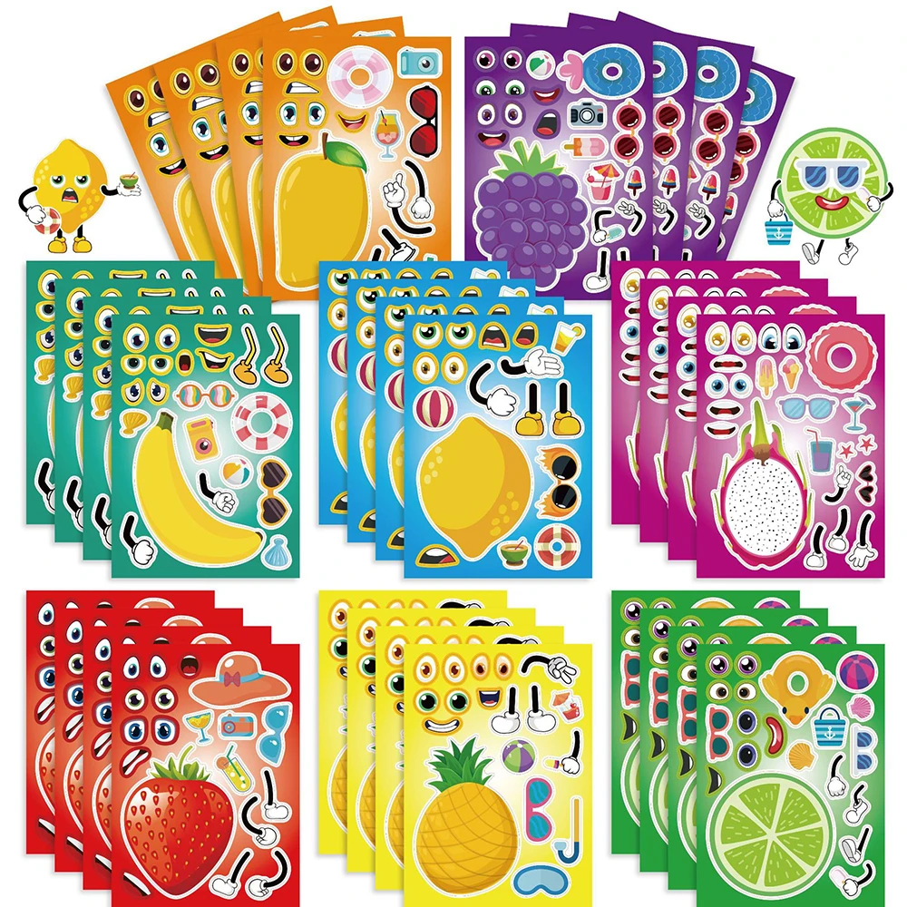 

8/16Sheets Children Make a Face Fruit Puzzle Sticker Game DIY Lemon Grapes Banana Assemble Jigsaw Kids Educational Toys Party