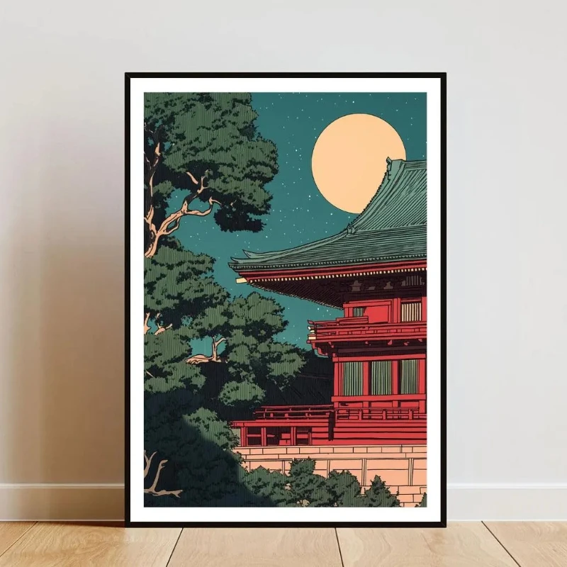 Vintage Japanese Poster, Retro Japan Wall Art, Japanese Poster, Cherry Blossom Art, Temple Poster, Retro Japanese Wall Art