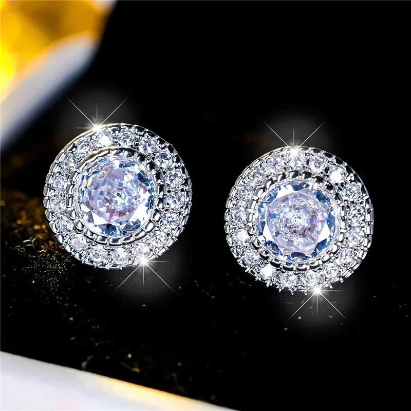 New Female Crystal White Round Zircon Stone Stud Earrings Vintage Silver Color Wedding Fashion Jewelry Fashion Influencers