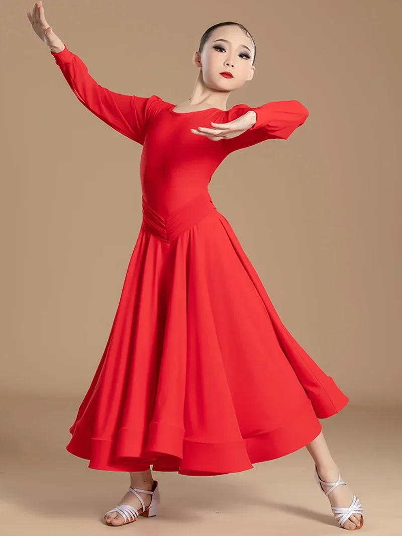 キッズガールズモダン社交ダンスウェア子供長袖ボディスーツと大きなスカート国家標準パフォーマンスダンス衣装