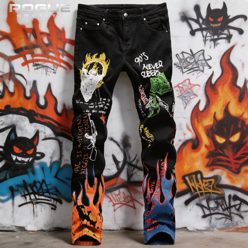 Streetwear Flame Graffiti Print Slim Fit Jeans Men Y2K Skull Pattern Denim Pants Hip Hop Harajuku Letter Trousers Punk Unisex