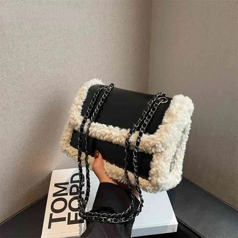 Retro Chain Shoulder Bags for Women PU Leather Fleece Flap Handbag Tote Fashion Female Faux Suede Splicing Crossbody Bag Purses