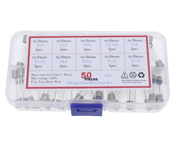 

10 sets of 50 6x30mm delayed glass fuse fuses with slow-breaking function, T1A to T15A, assembled in a kit
