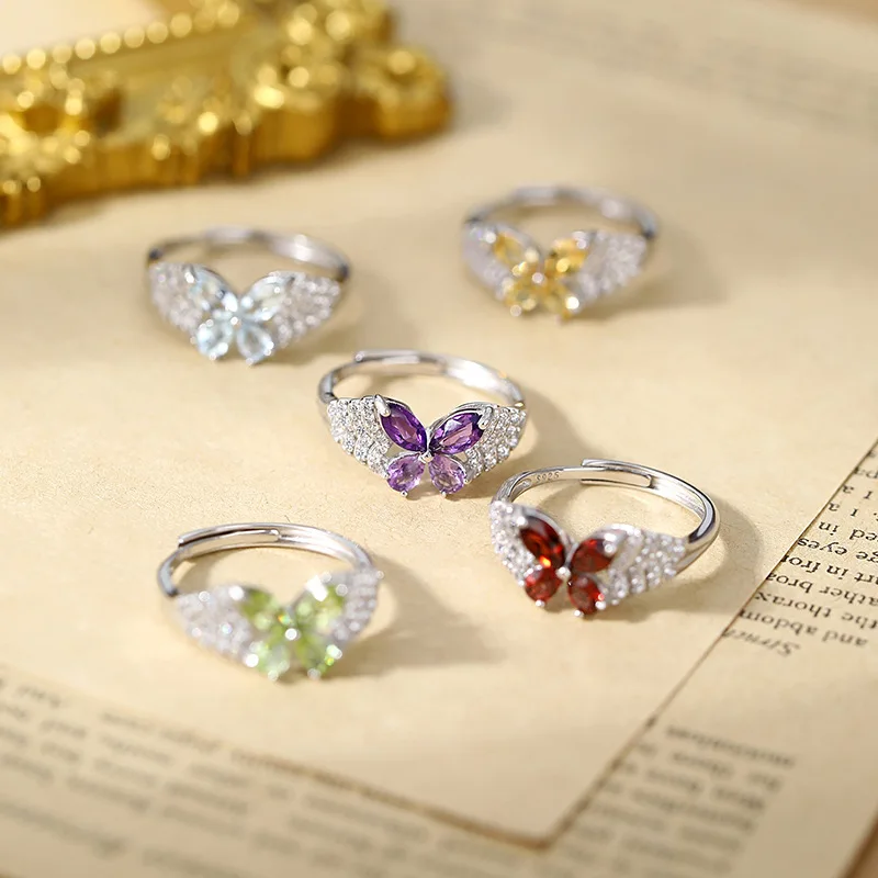 925 Sterling Silver Butterfly Shape Resizable Size Ring Natural Topaz Citrine Garnet Amethyst Peridot Fine Jewelry Girl Lady
