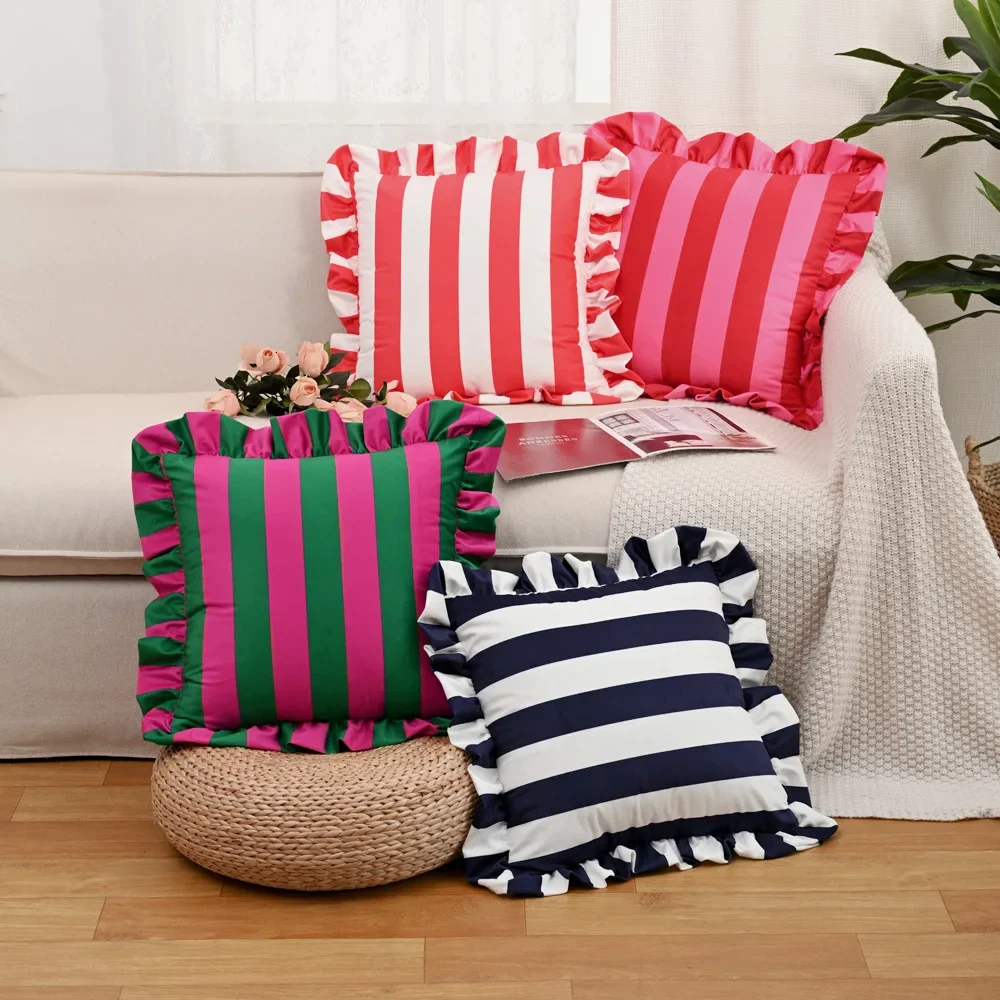 Nordic Striped Printed Cushion Cover Soft Dutch Velvet Ruffle Edge Pillow Covers 45*45cm Decorative Cushions for Sofa