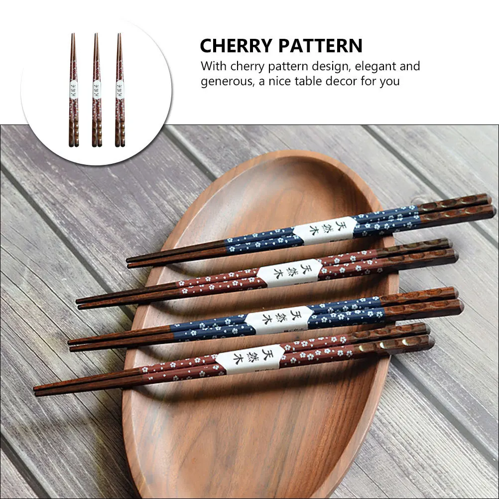 

3pcs Pointed Head Wooden Chopsticks Cherry Pattern Reusable Heat-Resistant Household Kitchen Supplies Japanese Style Portable