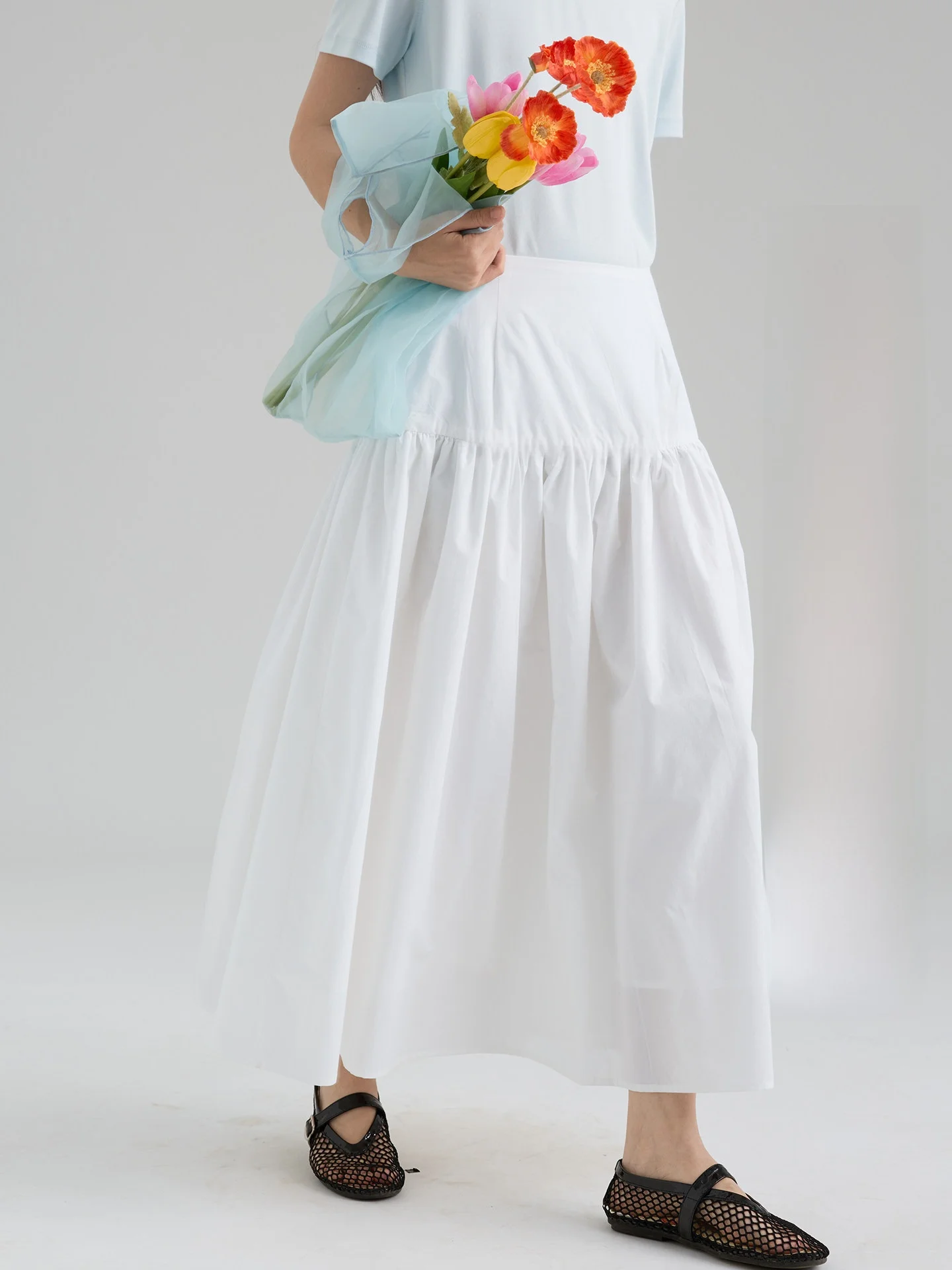 

High Waist A-Line Midi Skirt Women's Loose Gathered Splice Pure Cotton Spring New Style Drawwind Ladies Fashion Skirts