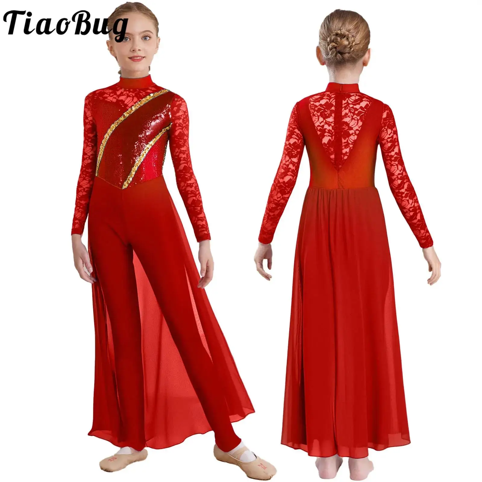 

Girls Figure Skating Performance Jumpsuit Long Sleeve Mesh Shiny Sequins Chiffon Skirted Rompers Gymnastics Ballet Dance Leotard