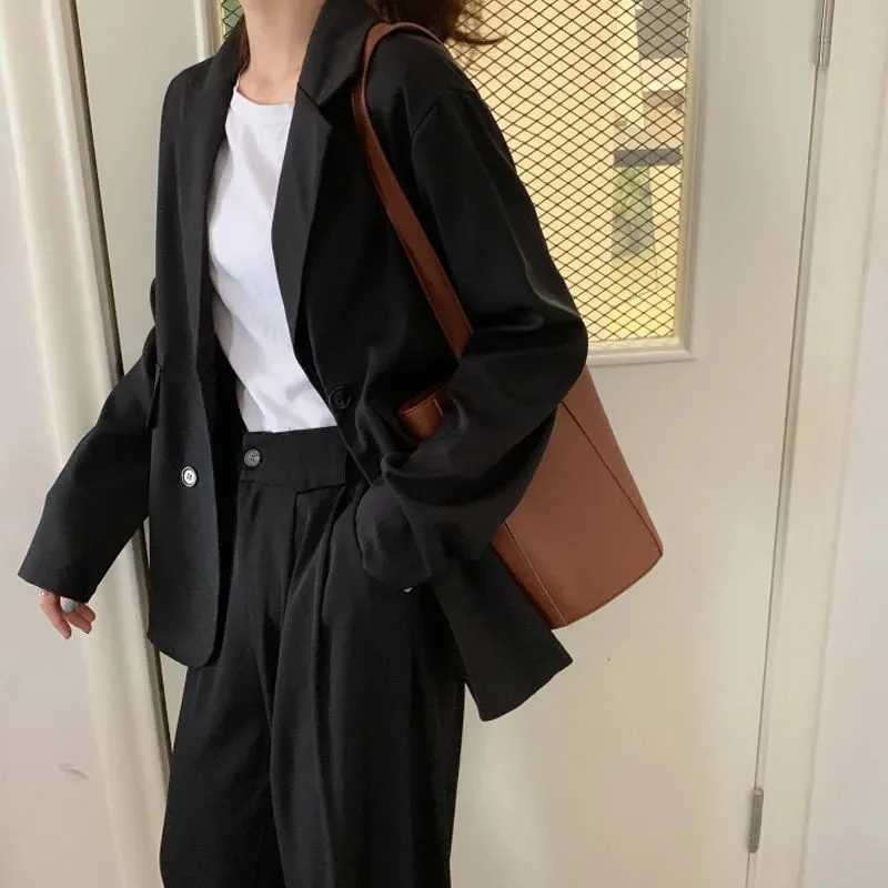 new Ladies Autumn and Winter Casual Blazer Solid Color Loose Loose Mid-length Women's Double-breasted Oversized Blazer Women