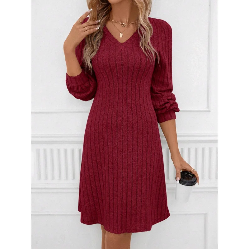 2024Autumn and Winter New European and American Style Wine Red Dress High Waist Slim Midi Dress Women