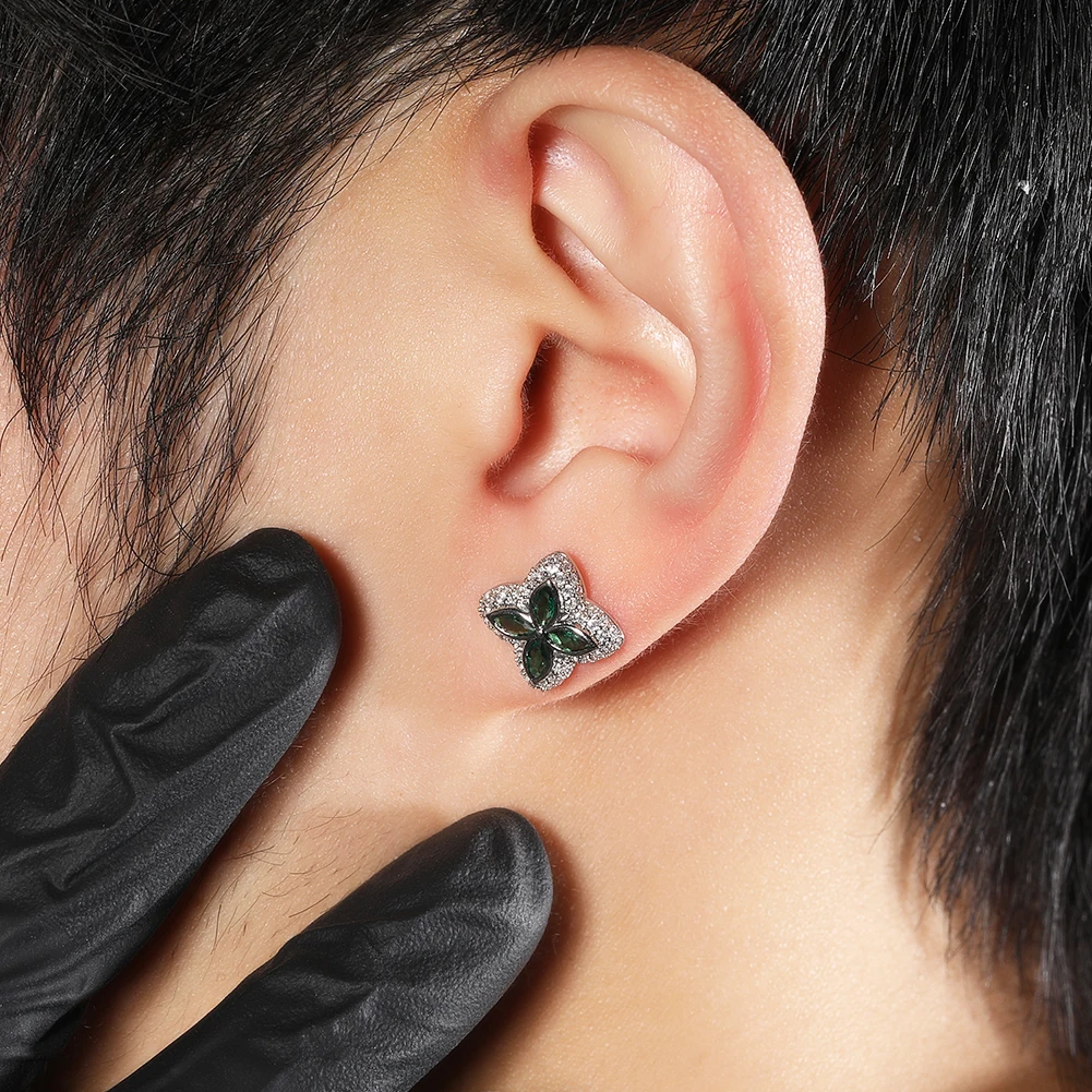 UWIN Iced Clover Earrings for Women Green/Black/White CZ Four Leaves Cubic Zirconia Stud Earrings Fashion Jewelry