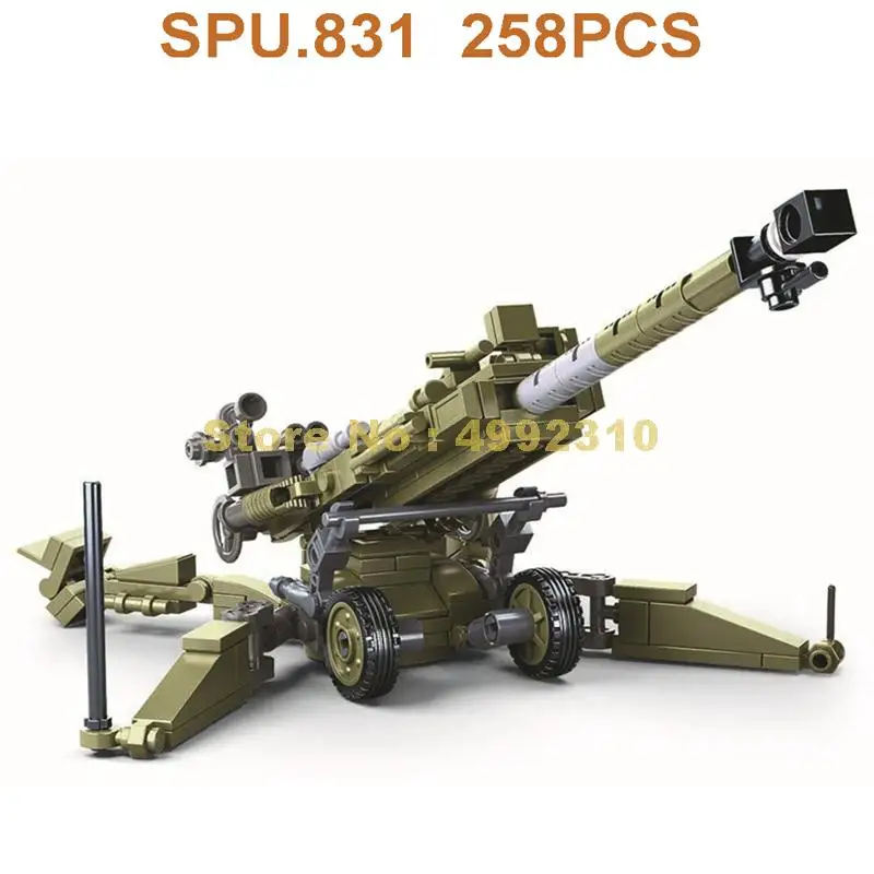 0890 258pcs Military M777 Army Flak Maxim Gun Cannon Weapon Soldier Weapon Boy Building Blocks Toy