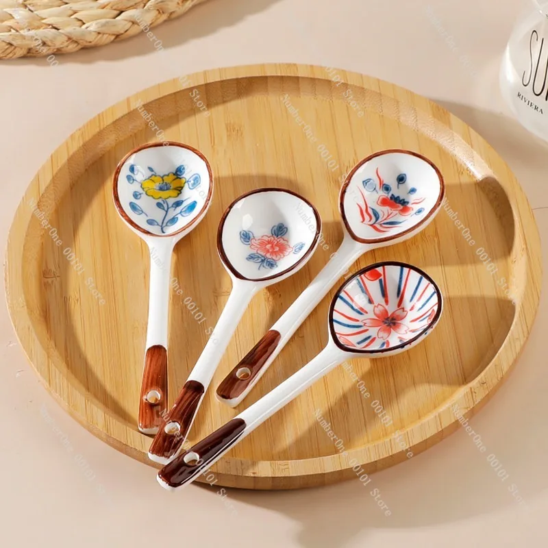 Ceramic Long Handle Spoon Underglaze Color Coffee Spoon High Aesthetic Dessert Spoon Household Tableware Kids Creative