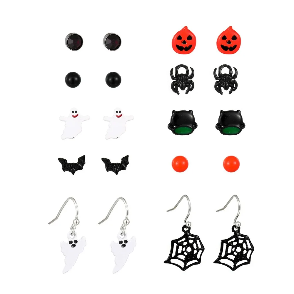 3pcs Set Cartoon Cute Orange Drip Glaze Pumpkin Face Pendant Stud Earrings for Women Halloween Witch Bat Spider Jewelry Sets view 6