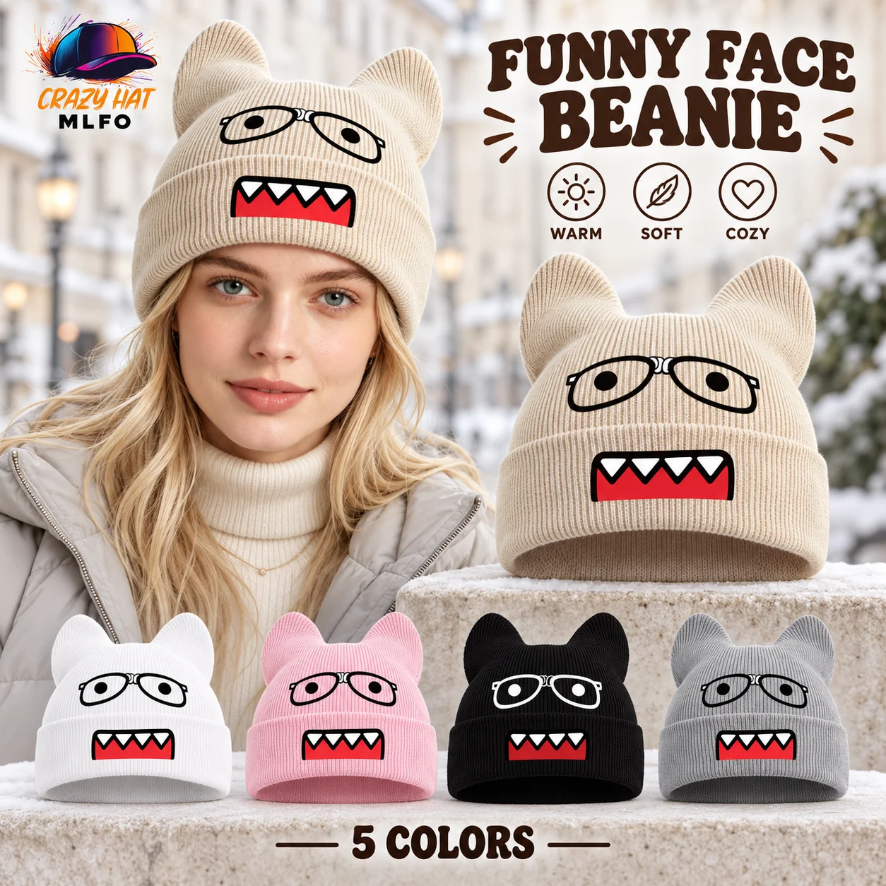 Playful Fun Cat Ear Beanie, Cool Monster Face Print, Great for Cosplay Themed Party & Daily Outdoor