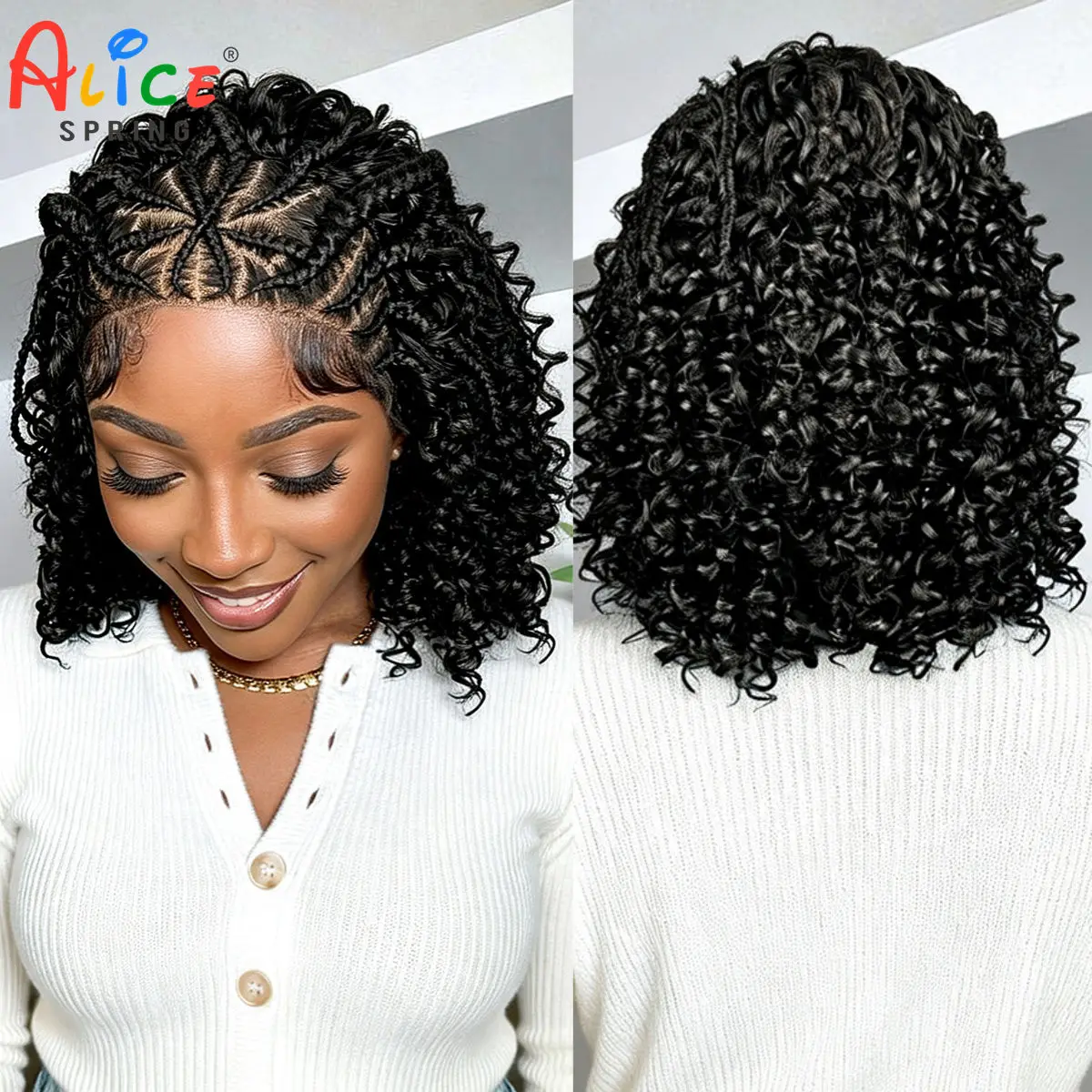 Box Braided Wigs Synthetic Natural Cornrow Braids Wig 13x4 Lace Frontal Curly Braiding Hair Wigs with Baby Hair for Black Women