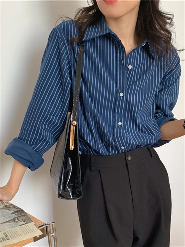 BL9352 New 2024 Fashionable Korean Striped Vintage Shirts Oversized Corduroy Spring Summer Women\'s Blouses Elegant Lady Tops