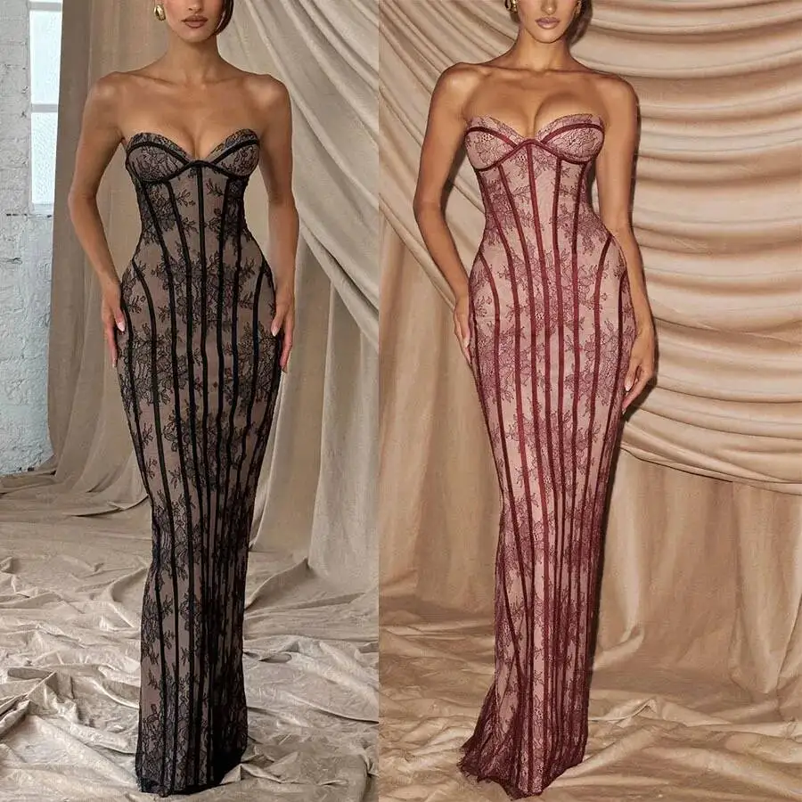 

Women Gauze Fishbone Strapless Dress Chic Backless Off-shoulder Waist Cinching Slim Maxi Vestidos 2026 Lady Evening Party Gowns