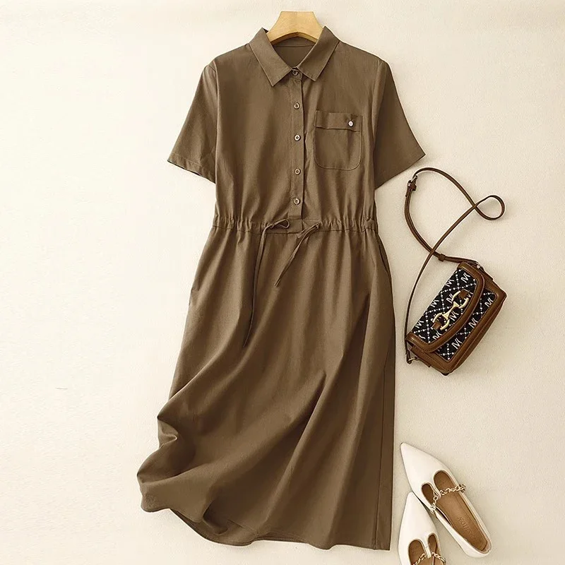 

Pop Office Lady Polo Collar Shirt Dresses New Summer Drawstring Pockets Midi Dress Solid Vintage Daily Dress Streetwear