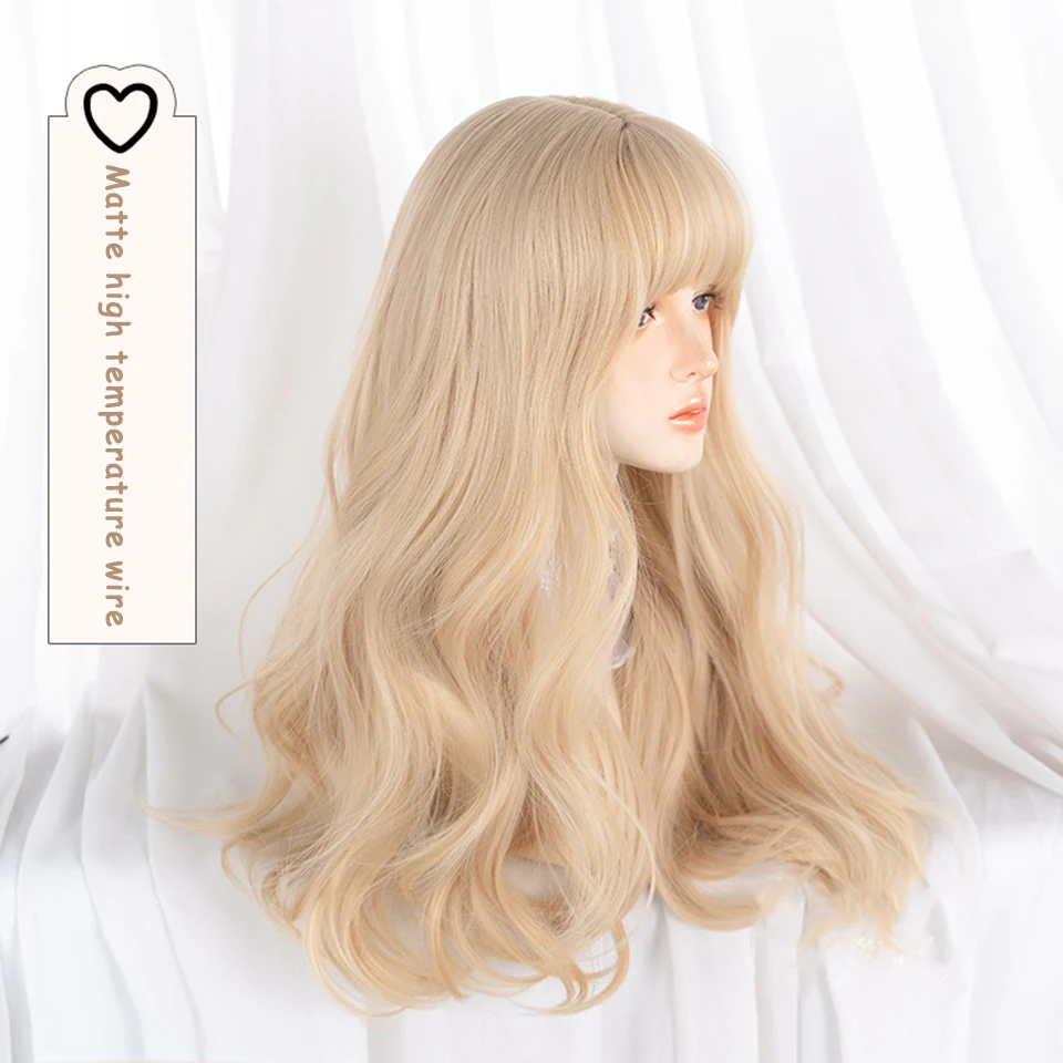 LM Long Natural Wavy Platinum Blonde Wigs With Bangs Cosplay Party Lolita Synthetic Wigs for Women Heat Resistant Fiber