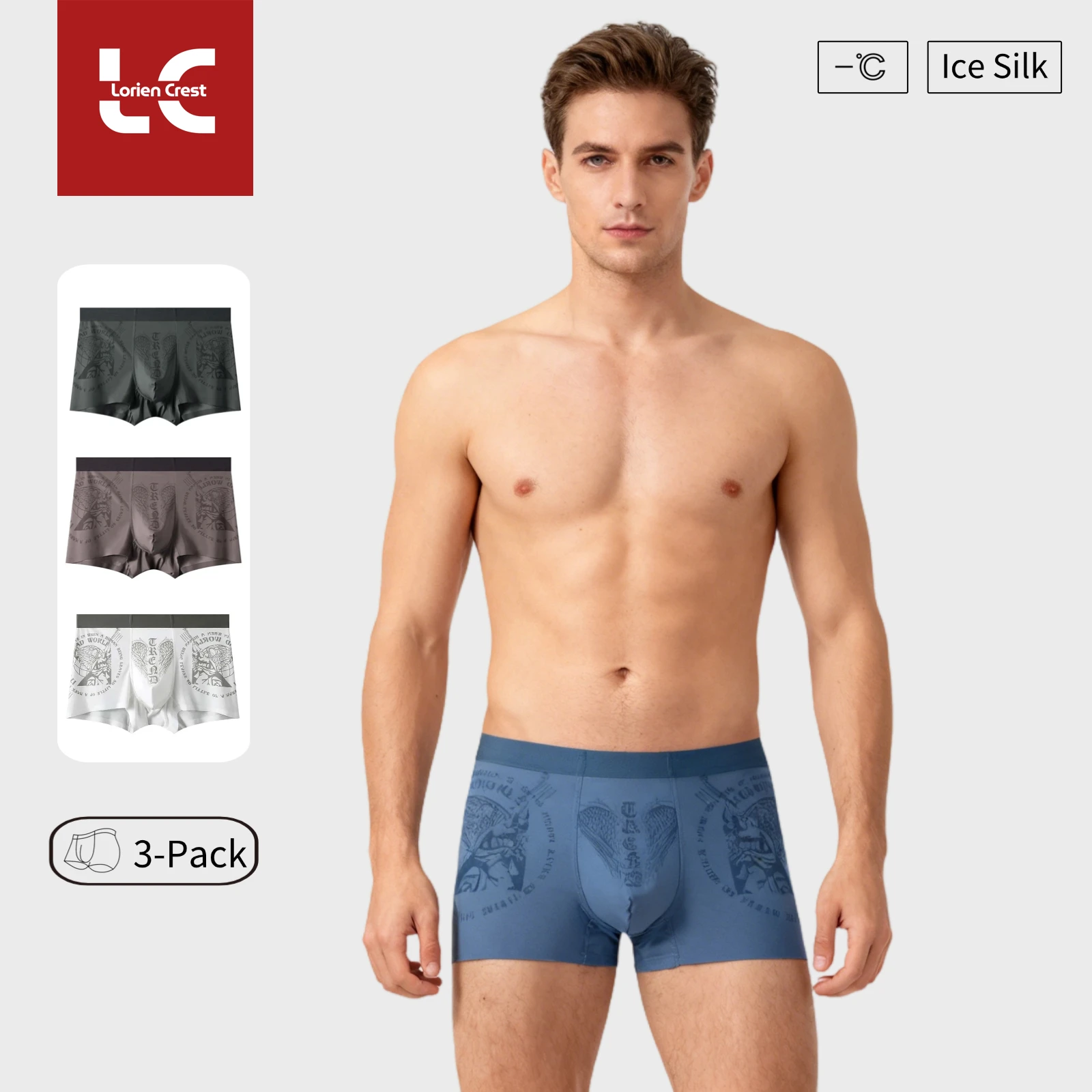

3pcs Men's ice silk underwear printed design bacteriostatic comfortable mid-waist boxers