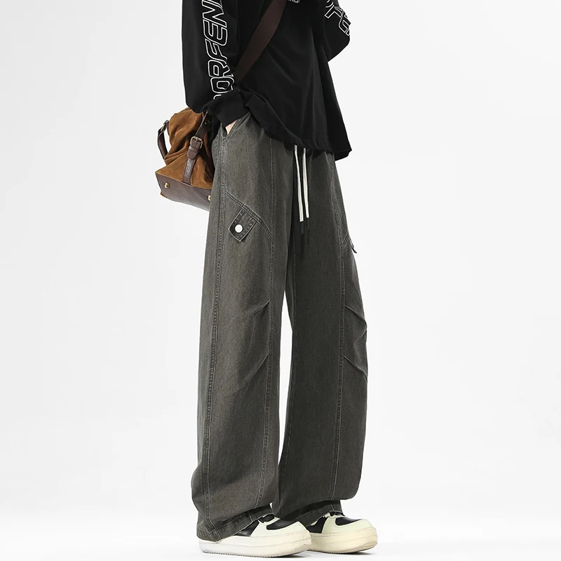 

American High Street Loose Casual Men's Work Pants Autumn Spring Patchwork Stripe Trousers Vintage Trendy Long Pants