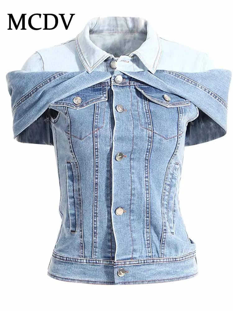 

MCDV Fashion Women's Denim Shirt 2025 Spring Summer Lapel Short Sleeve Contrast Single Breasted Jean Coat Fake Two Piece Tops
